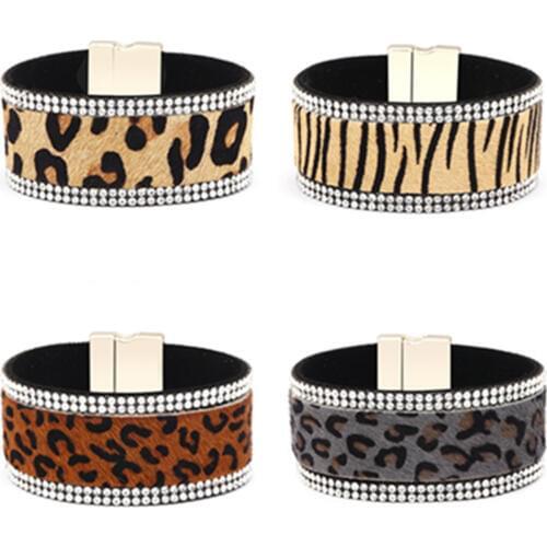 Rhinestone Gray Zebra Fashion Leopard Animal Wide Leather Women Bracelets Women Vintage Bangle Male Homme Jewelry Accessories