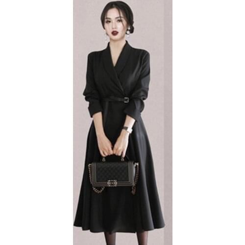 Temperament High-End OL Office Women Long Dress Female 2021 Spring Notched Collar Long-Sleeved With Belt Big Swing Dress