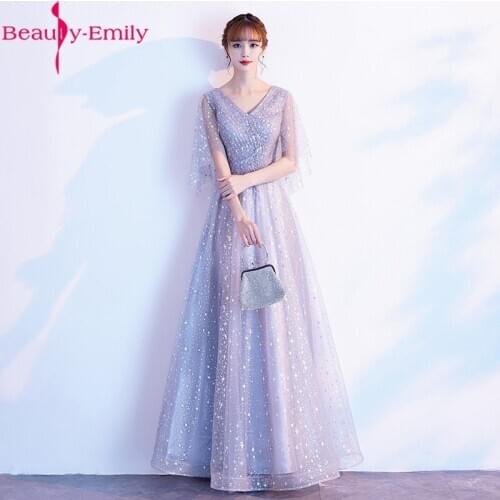 New Arrival Elegant V Neck Long Evening Dresses 2020 Short Sleeve Luxurious Sequin A-line Formal Party Dress 3 Colors Available