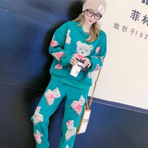 Spring Diamond Cartoon Bear Tracksuit Women Two Piece Sets,Sweatshirt and Elastic Waist Pants,White,Rose Red ,Black
