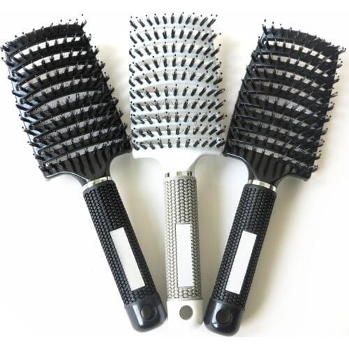 10 Pieces Black OR White Anti-static Curved Hair Extension Brush Combs with Massage Pastic Pins and Rubber Coated Handle