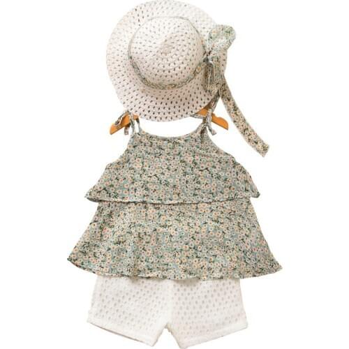 Girls Strapless Small Flowers Print Chiffon Shirt+White Shorts+Hats 3PCS Clothing Sets Casual Girls Summer Clothing Suits