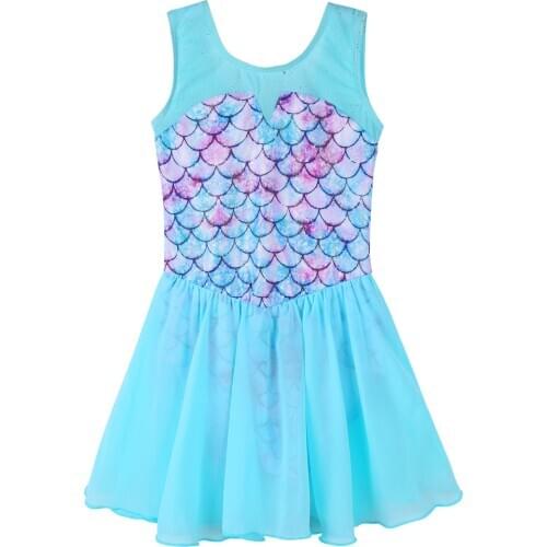 BAOHULU Girls Ballet Dress Sleeveless Dance Skirt Fish Scale Print Ballerina Professional Tulle Performance Outfit Dance Leotard