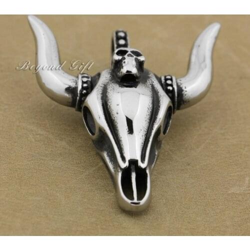 Big Buffalo Skull Bull Horn 316L Stainless Steel Mens Biker Pendant AJ023