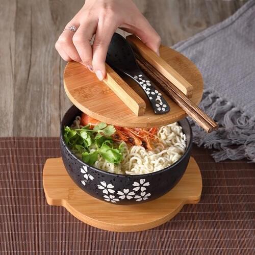 Black ceramic bowl with lid spoon instant noodle bowl Korean soup bowl rice bowl student canteen restaurant Japanese tableware