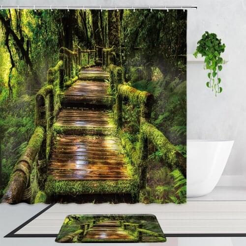 Green Jungle Wood Corridor Scenery Shower Curtains Tropical Rain Forest Plant Steps Bathroom Decor Non-Slip Carpet Bath Screen