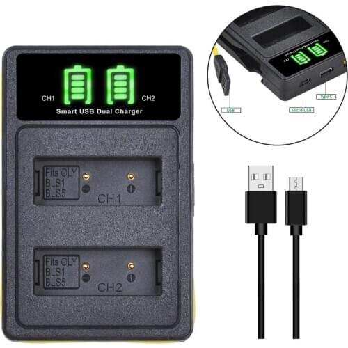 AsperX BLS5 PS-BLS5 BLS50 LED Dual USB Charger with Type C Port for Olympus E-PL2, E-PL5, E-PL6, E-PL7, E-PM2, OM-D E-M10