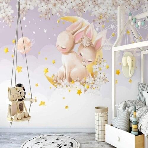 Custom Wall Cloth Dream Cloud Flower Sea Bunny Starry Sky Photo Wall Mural Wallpaper For Kids Room Bedroom Backdrop Wall Decor