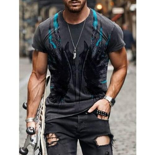 European and American street hot T-shirt mens 3D feather print clothing loose and quick-drying T-shirt summer 2021