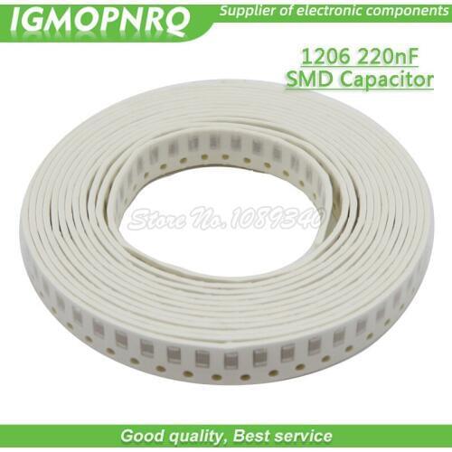 100pcs 1206 smd capacitor 220NF X5R Error 10% 50V 1206 0.22UF 224 capacitance IGMOPNRQ