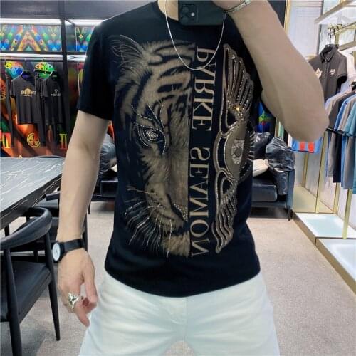 Summer Mens Short Sleeve 2021 New High Quality Black Gold Breathable Simple Fashion Brand Tiger Head Printed Round Neck T-shirt