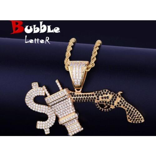Dollar Sign Plug With Gun Iced Necklace & Pendant Gold Color Cubic Zircon Mens Hip Hop Jewelry