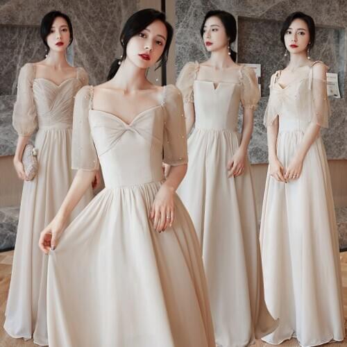 Bridesmaids Dresses Illusion Floor-Length A-Line Pleat V-Neck Champagne Lace Tulle Off The Shoulder Lady Wedding Party Gown E109