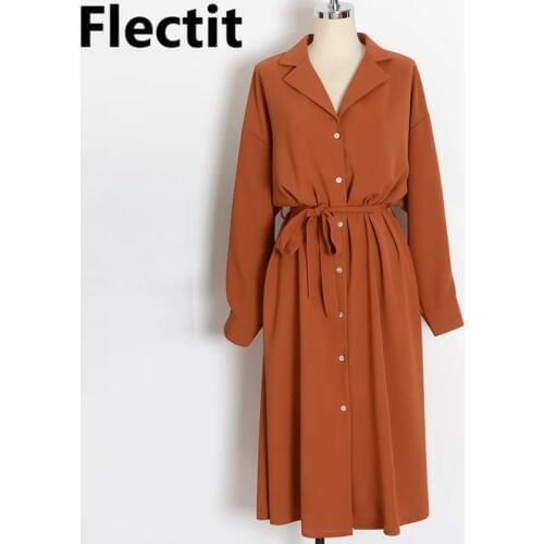 Flectit Business Chic Women Midi Shirt Dress with Bow Button Up Long Sleeve Spring Summer Dress Office Lady Outfit