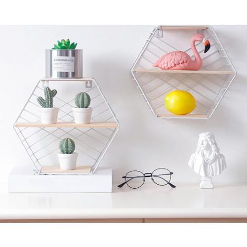 Nordic Iron Hexagonal Grid Wall Floating Shelf Combination Wall Hanging Geometric Figure Wall Decoration For Living Room Decor