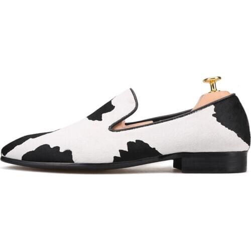 Mens Genuine Leather Stitching Horse Hair Fashion Slip on Formal Shoes Black White Loafers Party Dress Low Heels Plus Size