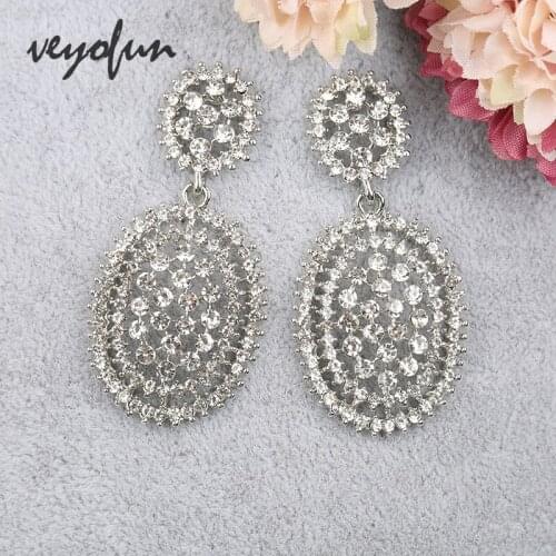 Veyofun Round Hollow out Rhinestone Drop Earrings Wedding Dangle Earrings for Women Fashion Jewelry Gift