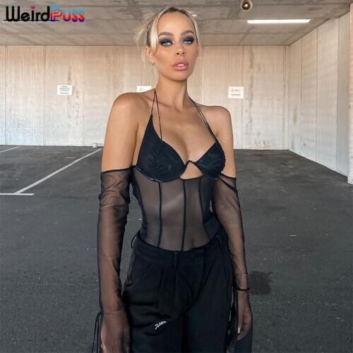 Weird Puss Sexy Mesh Women Long Sleeve T-Shirt Backless Y2K Top Halter Off Shoulder Chic Patchwork Fashion Club Party Streetwear