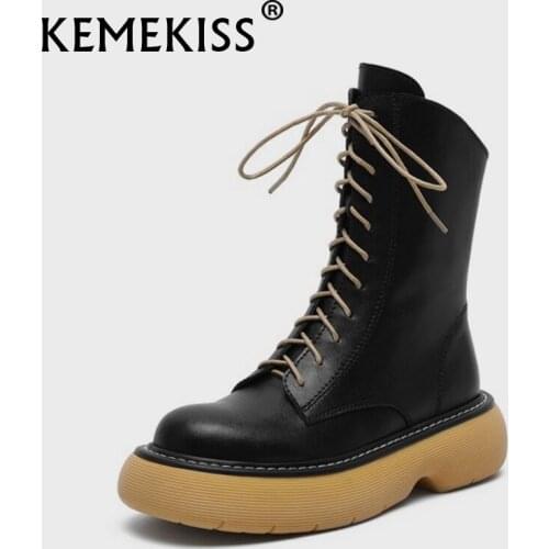 KemeKiss Women Short Boots Real Leather Thick Bottom Women Winter Shoes Fashion Mid Calf Boots Women Daily Footwear Size 34-40