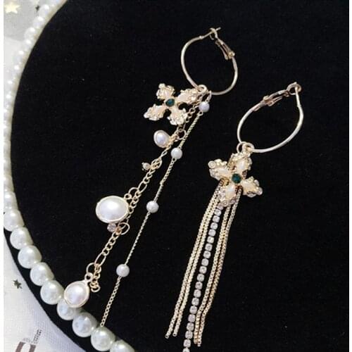2019 New Arrival Fashion Metal Trendy Geometric Women Dangle Earrings Pearl Tassel Earrings Asymmetric For Female Jewelry