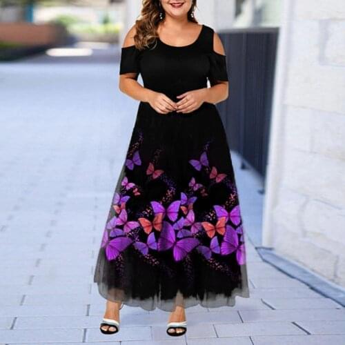 Plus size dresses for women 4xl 5xl 6xl Cold shoulder short sleeve purple butterfly printed maxi dress Summer large size clothes