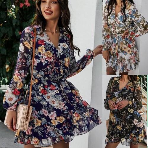 2021 Spring Autumn New Fashion Sexy V Neck Womens Mini Dress Causal Bodycon Solid Long Sleeve Floral Print Ladies Chiffon Dress