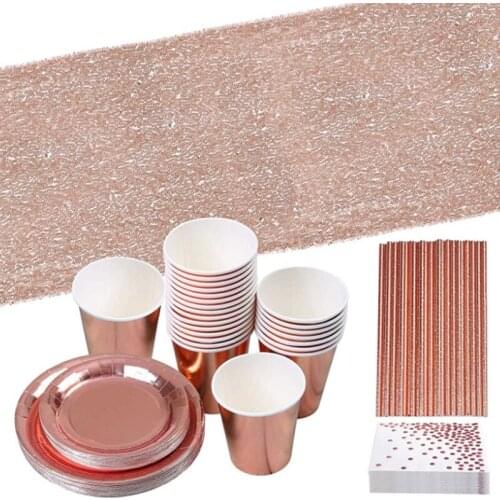 HGHO 146 Pcs Rose Gold Dot Party Tableware Paper Plates and Napkins Cups for Wedding Bridal Shower Engagement Birthday Party