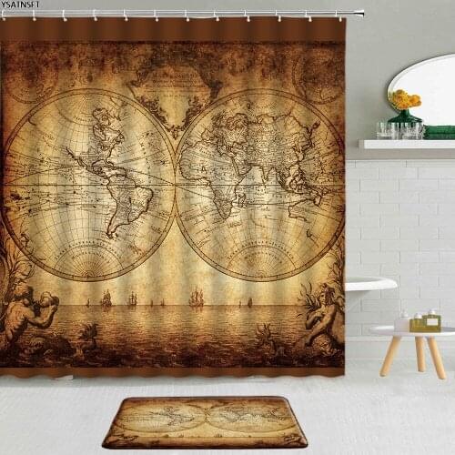 2Pcs European Vintage World Map Shower Curtain Fabric Non-Slip Bath Mat Bathroom Curtains Set Home Decor 3D Printing Washable