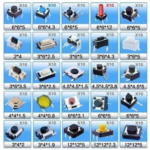 250pcs Assorted Micro Push Button Touch Switch Kit 2x4 3x6 4x4 12x12 6x6 SMD MP3 MP4 MP5 Tablet PC Repair special SMT 3x6x3.5
