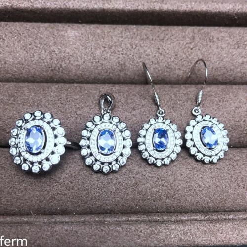 KJJEAXCMY boutique jewels 925 pure silver inlaid natural tanzanthus stone pendant ring earrings 3 sets flowers flow curve new st
