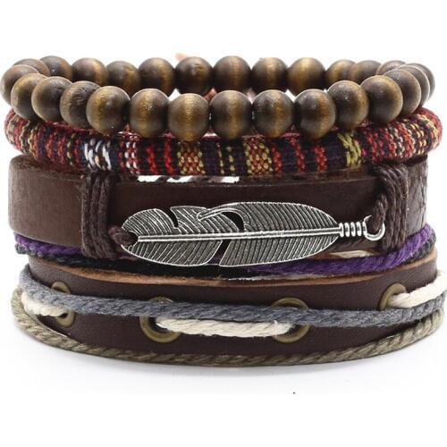 Cross Wing Leaf Wood Beads Fashion Boho Evil Eye Woven Men Leather Bracelets Women Vintage Bangle Male Jewelry Accessories