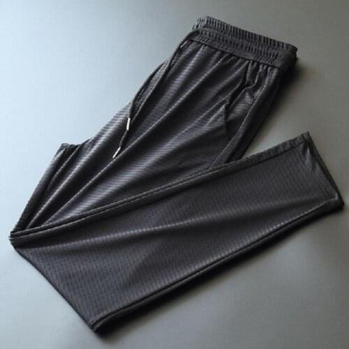 Men Casual Pants Summer Mid Rise Elastic Waist Straight Ninth Pants Ice Cool Loose Men Trousers