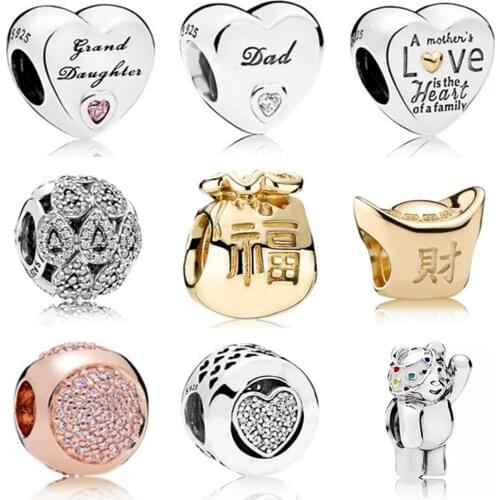 CHAMSS New Fashion personality wild 925 Sterling Silver PDS Heart-shaped Strings Gold Ingot Bao Dai Chuan DIY Jewelry Gift