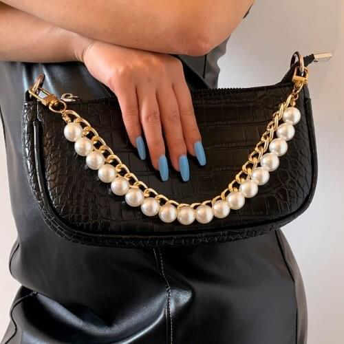 IngeSight.Z Vintage Double Layered Chunky Thick Curb Link Bag Chains Punk Big Imitation Pearl Straps Bag Chain for Women Jewelry