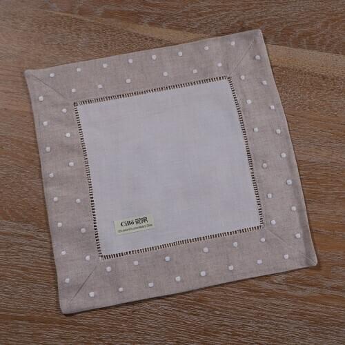 N020 : 4 pieces White Hemstitch Tea Napkins with oatmeal border - 55/45 Ramie Cotton Blend Ladder Hemstitch table linen