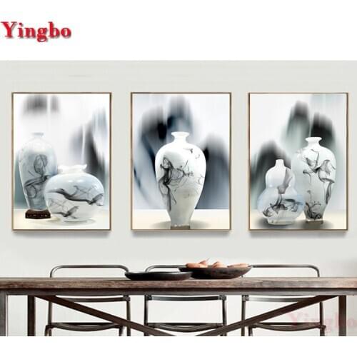 3 Pieces DIY Diamond Painting Full square round Cross Stitch Chinese Ink Vase Diamond Embroidery for Living Room Decoration