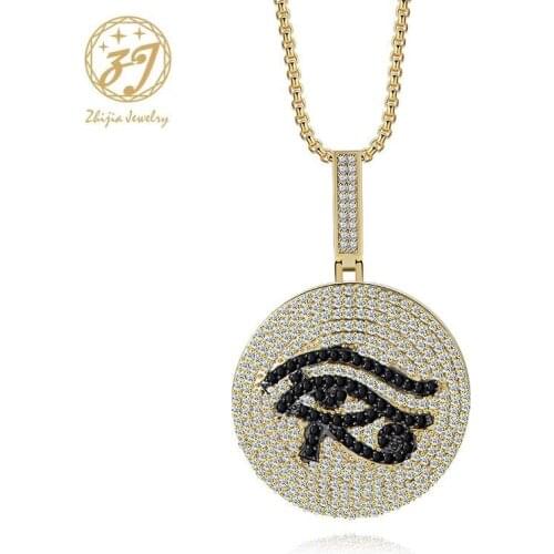 Zhijia golden crystal rhinestone round eyes pattern pendant necklace for women men long chain necklace accessories