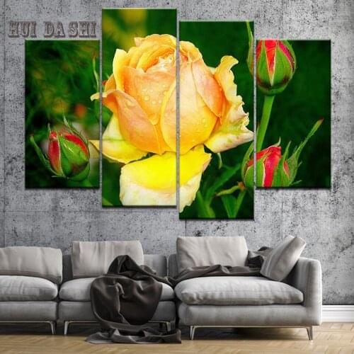 HD Printed Canvas Poster Frame Home Decor Living Room Wall Art 4 Pieces Yellow rose Flower Raindrops Painting Modular Pictures