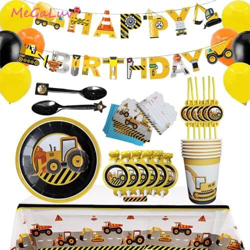 Construction Tractor Birthday Party Tableware Truck Ballon Vehicle Banner Tablecloth Napkin Cake Topper Construction Party Decor