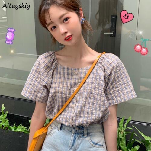 Shirts Women Plaid Button Retro Shirt Short Sleeve Tops Vintage Harajuku Cute Pure Fresh Student Trendy Chic Girl Daily Soft New