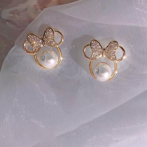 Bow Pearl Cute Stud Earrings With Crystals Minnie Trendy Jewelry For Girl Charm 2021 New Accessories Wholesale Cartoon Mickey