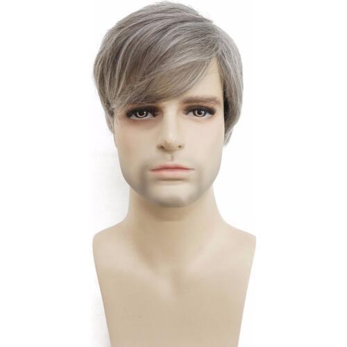StrongBeauty Mens wig Silver grey Mix Short Straight Natural Synthetic Heat Resistant Fiber Full Wigs