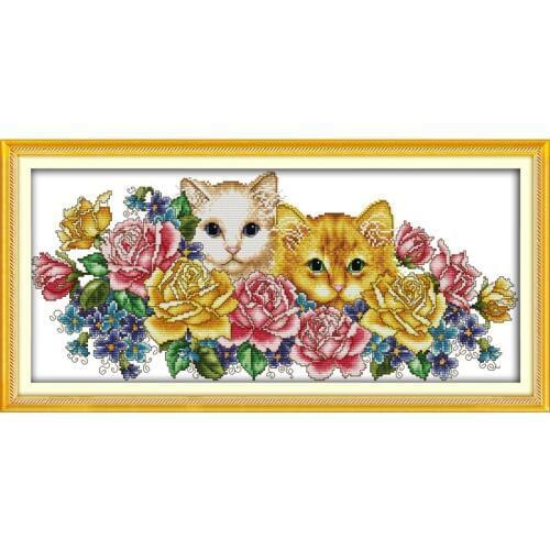 Everlasting Love Two Cats In flowers(2) Chinese Cross Stitch Kits Ecological Cotton Stamped Printed 11 DIY New Year Decorations