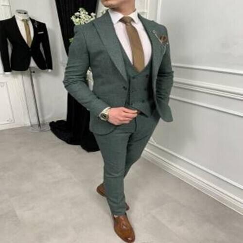 Green Double-breasted Suit Mens Wedding Suits 2020 Custom Made Slim Fit Business Male Party Suit Groom Prom Tuxedos 3 Piece Set