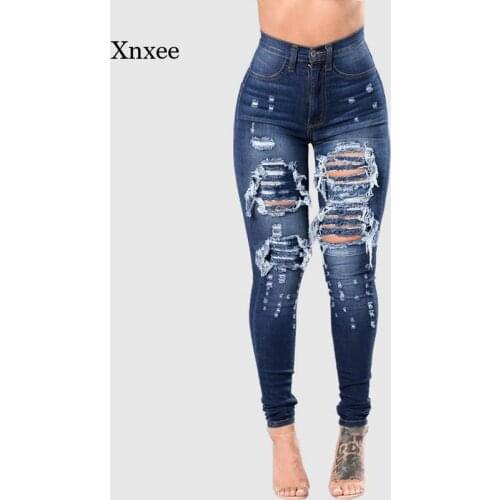 Womens Stretch Leggings Plus Size Trousers Skinny Ripped Hole Washed Denim Mom Jeans Female Slim High Waist Pencil Y2K Pants