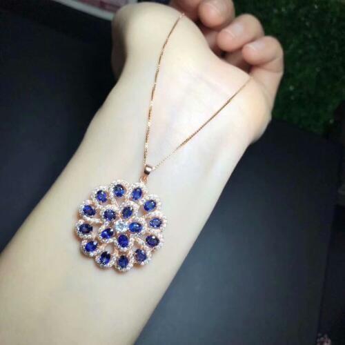 925 sterling silver inlaid natural sapphire necklace pendant 3 * 4 mm luxury style group inlaid style large edition pendant