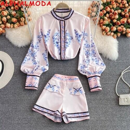 ALPHALMODA 2021 New Vintage Stand Collar Lantern Sleeve Printed Shirt + High Waist Wide Leg Shorts Women 2pcs Fashion Suit
