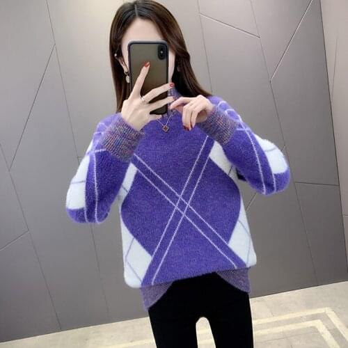 2021 Autumn Winter Womens Knitted Turtleneck Sweater Thicken Casual Soft Loose Sweater Rainbow Fashion Ladies Warm Pullover
