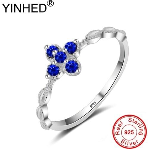 YINHED 100% Solid 925 Sterling Silver Ring Luxury Blue Crystal CZ Wedding Rings for Women Lucky Clover Engagement Ring ZR393