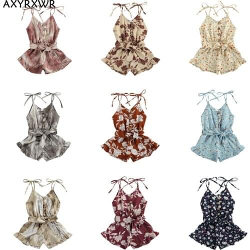 9 Colors Lovely Baby Girls Summer Rompers Sleeveless Bandage Button Belt Floral/Tie Dye Print Romper Jumpsuits Shorts Pants